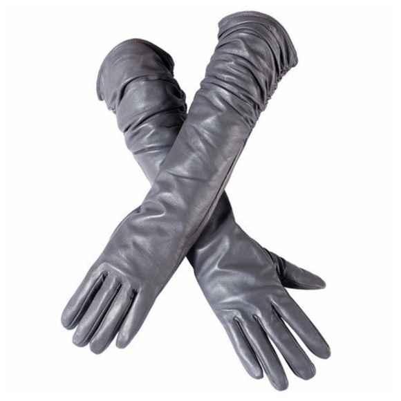 Accessories - Gray Leather Ruched Cashmere Lined Gloves